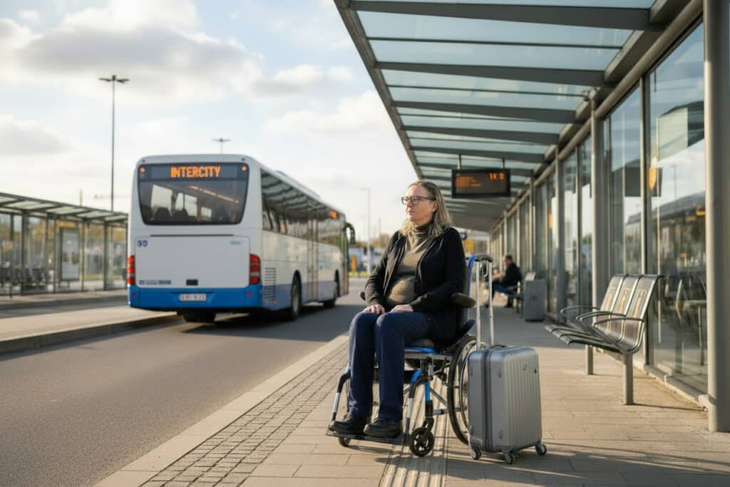 Oseba, ki uporablja invalidski voziček na postaji.